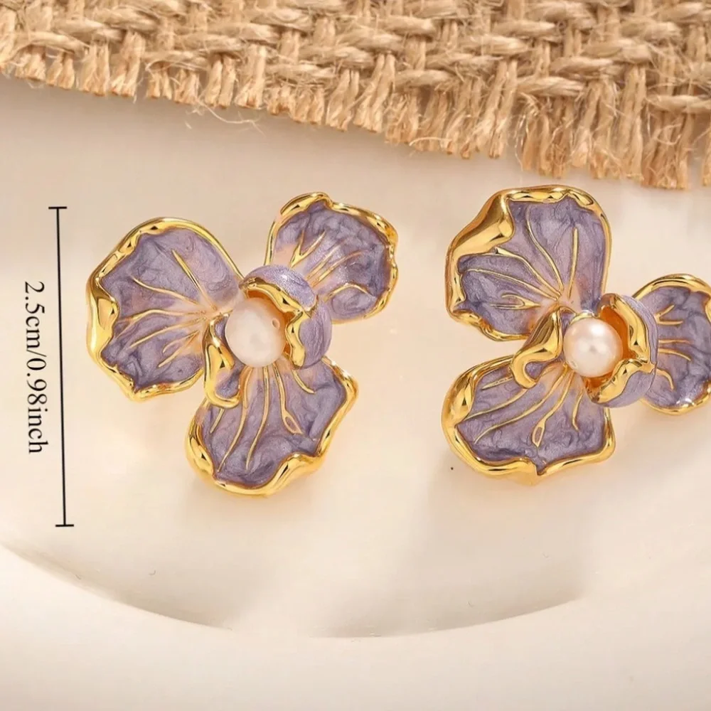 Gold Enamel Flower Earrings Faux Pearl French Vintage Style NWT